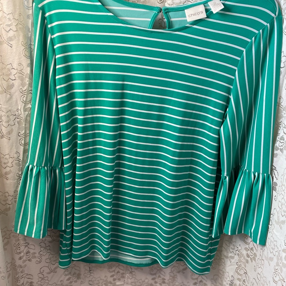 Chico's Green Bell Sleeve Blouse with Ruffled Style